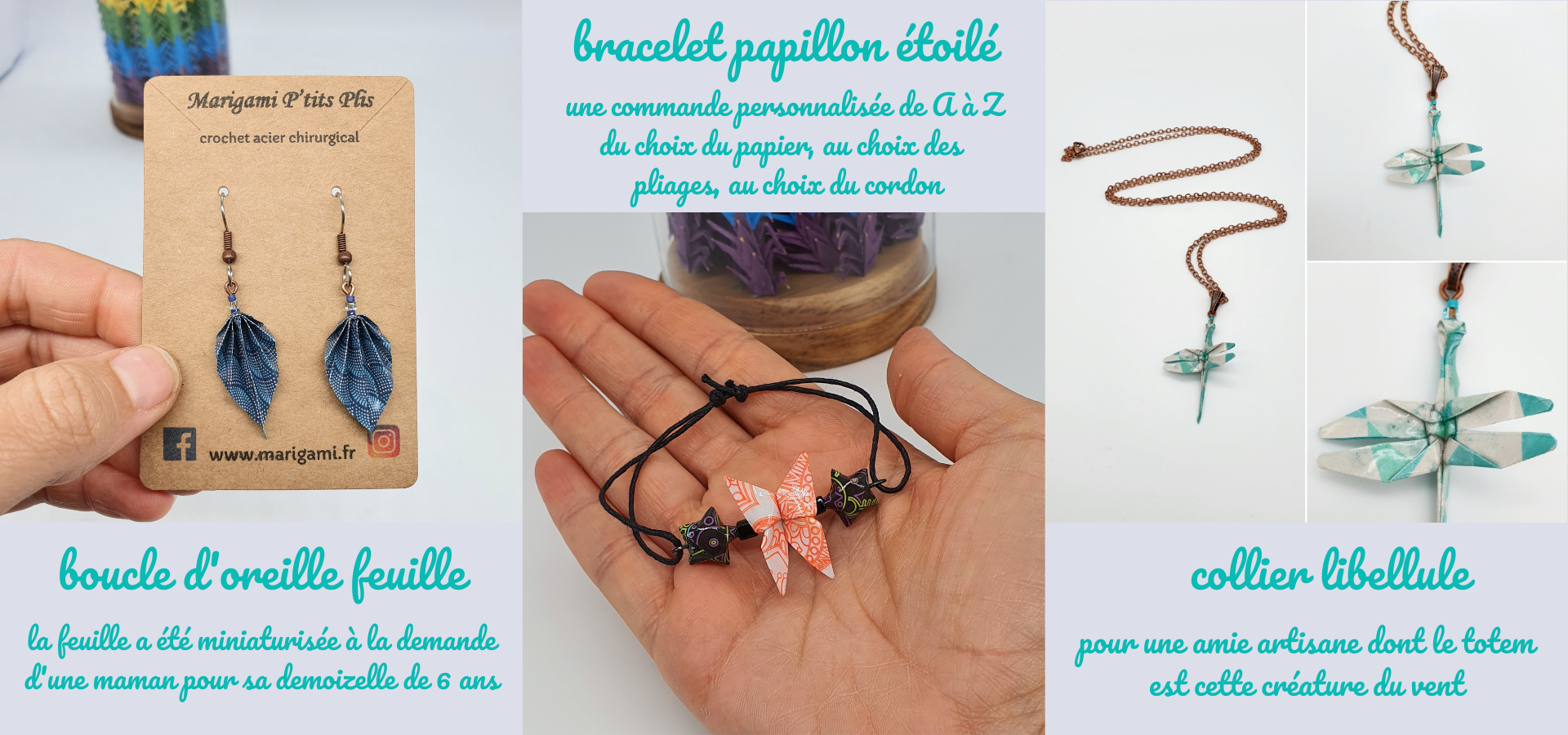 marigami origami bijoux papier artisanat d'art fait main sur-mesure personnalisation bracelet fleur boucle d'oreille collier