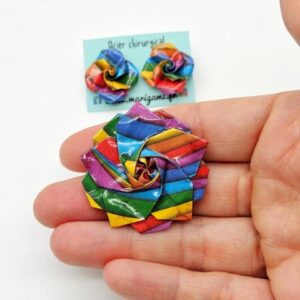 MARIGAMI origami boucles d'oreilles rose et broche sakura